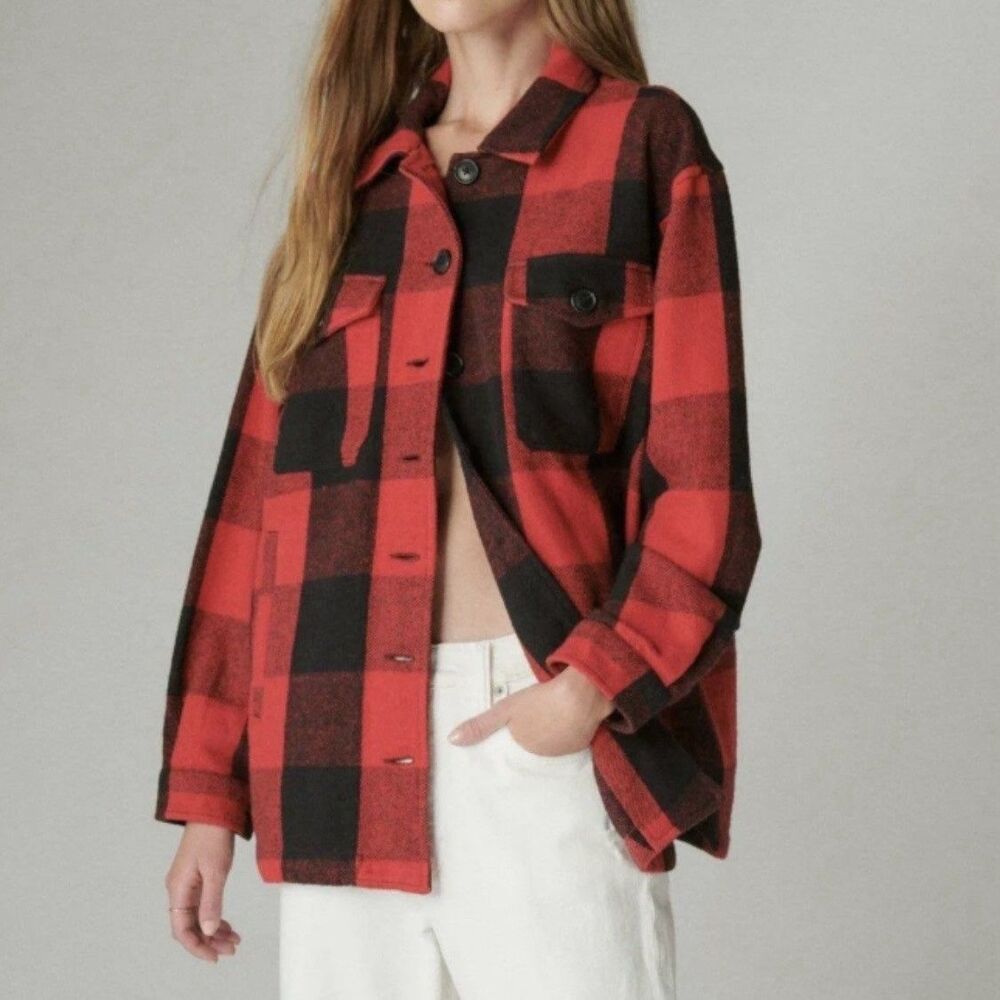 Lucky Brand Plaid Shacket Shirt Jacket Women’s Medium Oversized Buffalo Check
